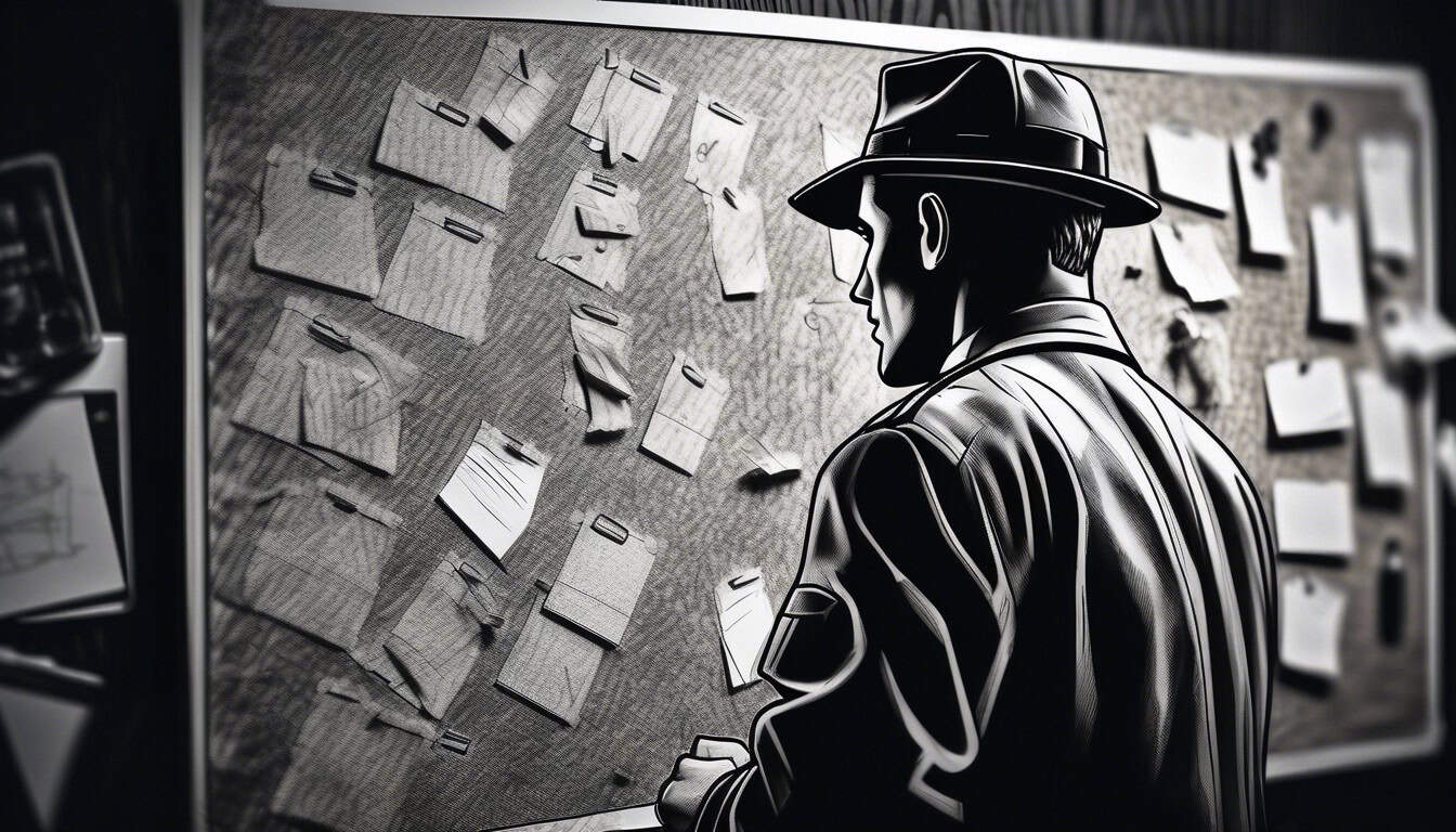 Black and white sketch of a detective at work with a corkboard background