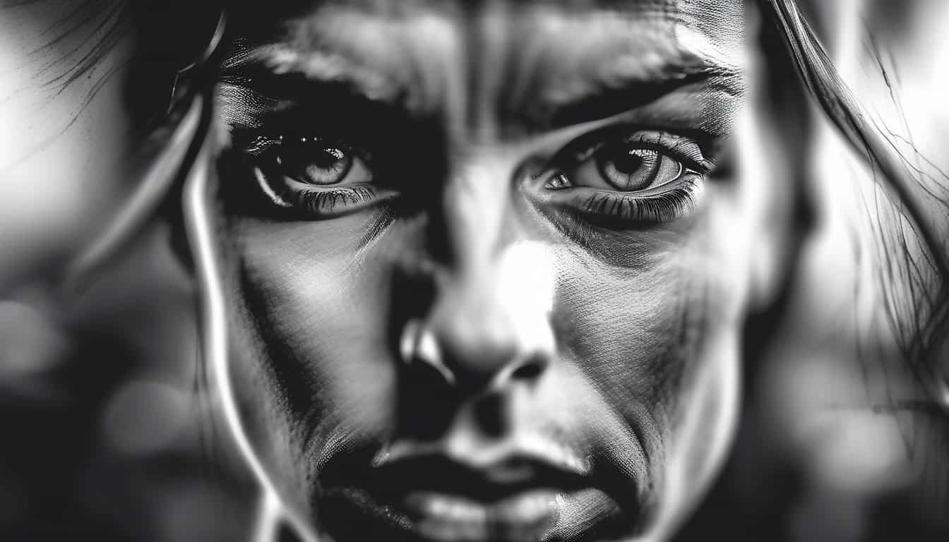 Black and white sketch of a face half logic, half emotion