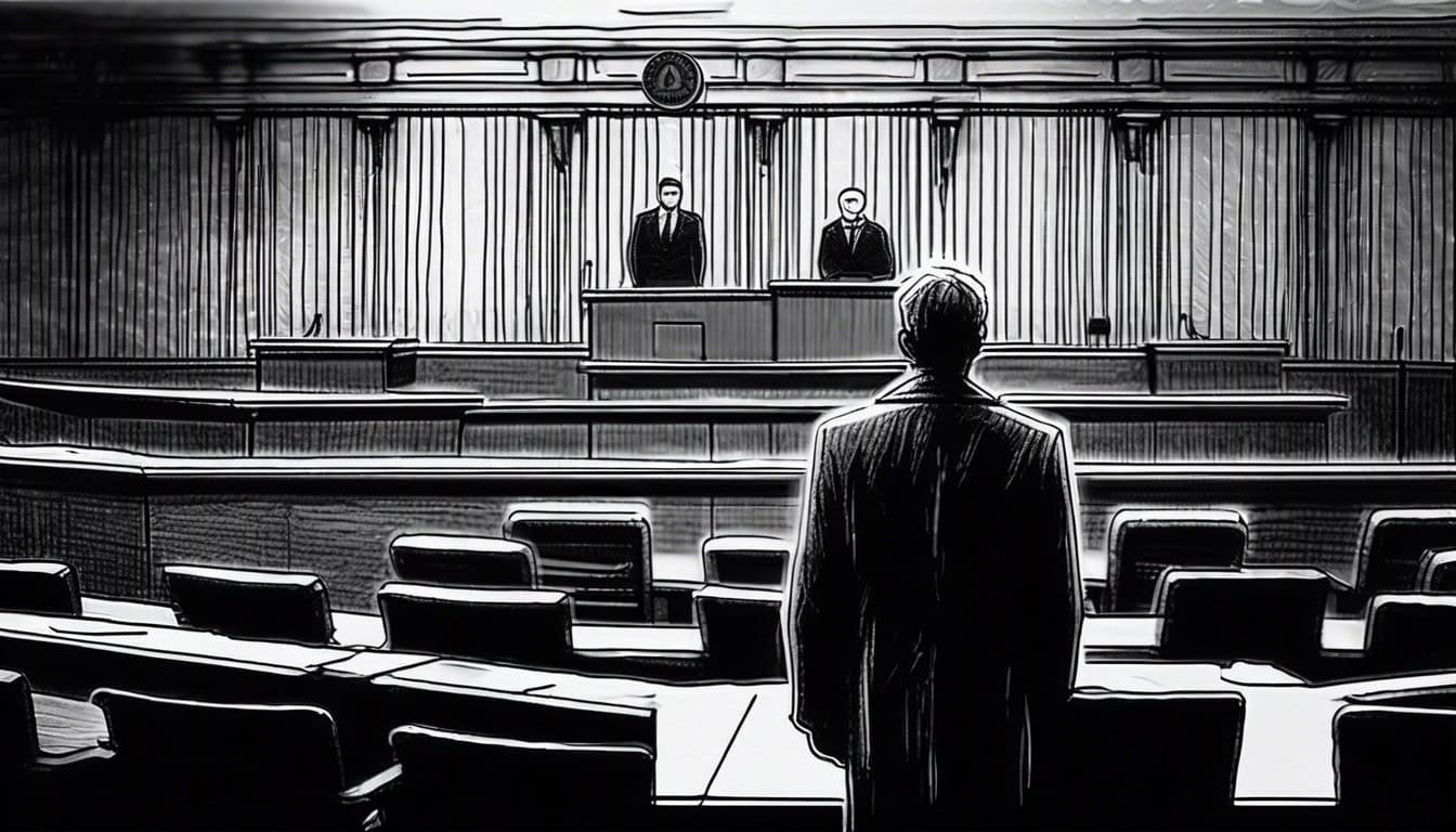 Black and white sketch of a lone figure standing in a courtroom