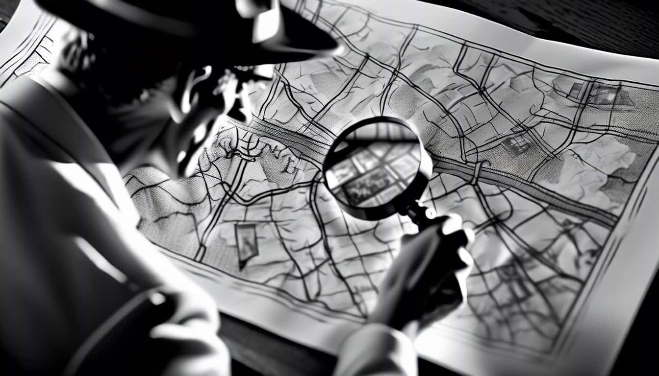 Black and white sketch of a detective examining a map with a magnifying glass