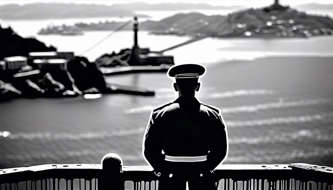 black and white sketch of a guard looking out over dark waters from Alcatraz