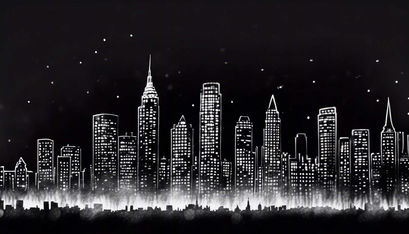 a black and white sketch of a city skyline at night, casting long shadows