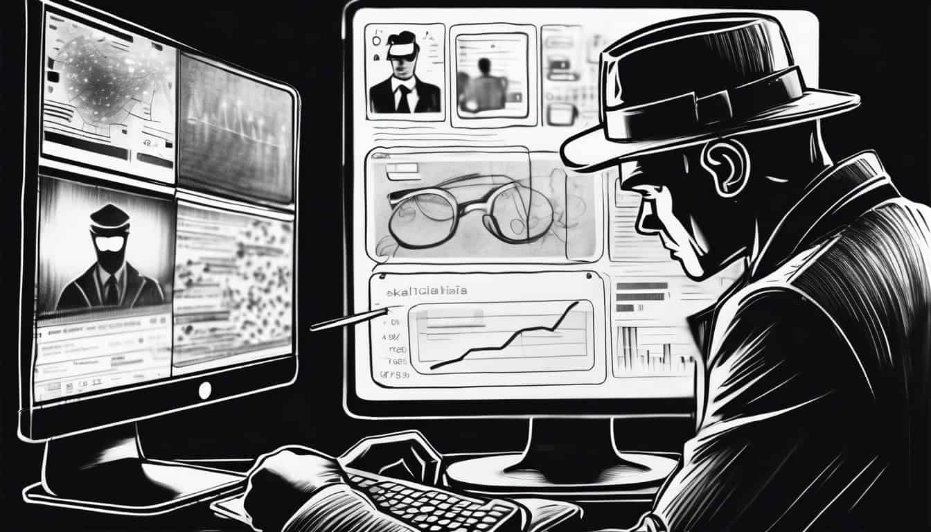 Black and white sketch of a detective analyzing social media data