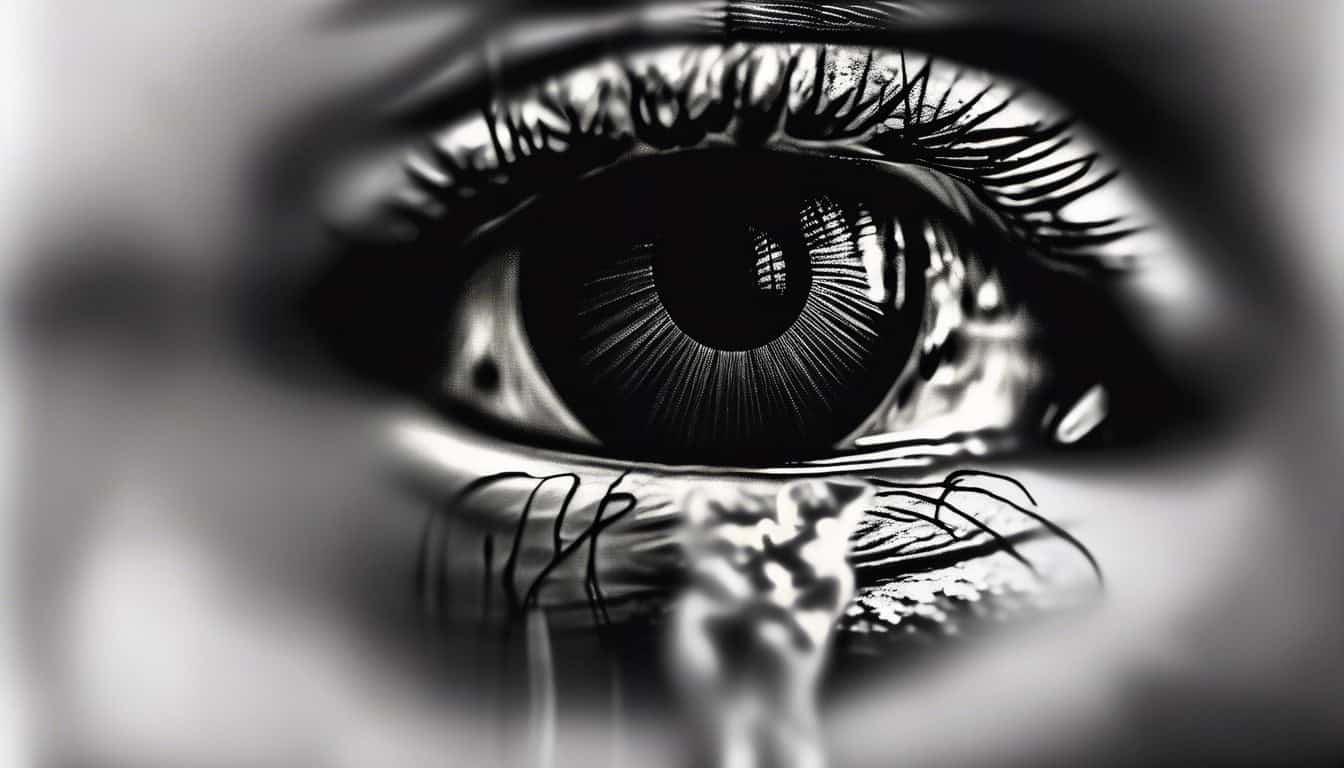 A black and white sketch of a tear on a victim's family photo