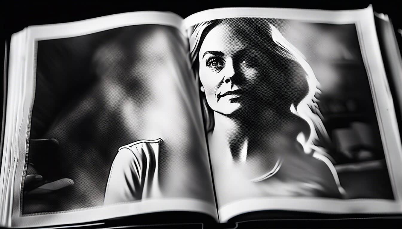 Black and white sketch of an open book with Lori Vallow's face emerging