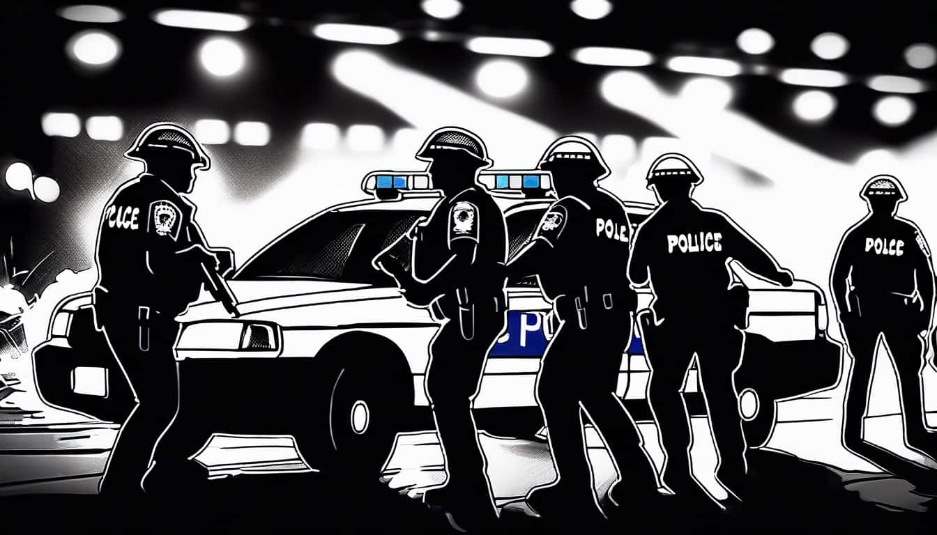 Black and white sketch of a dramatic police capture scene with flashing lights and officers surrounding a vehicle
