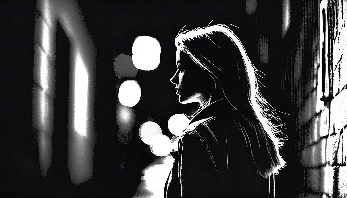 Black and white sketch of a woman looking over her shoulder in a dark alley