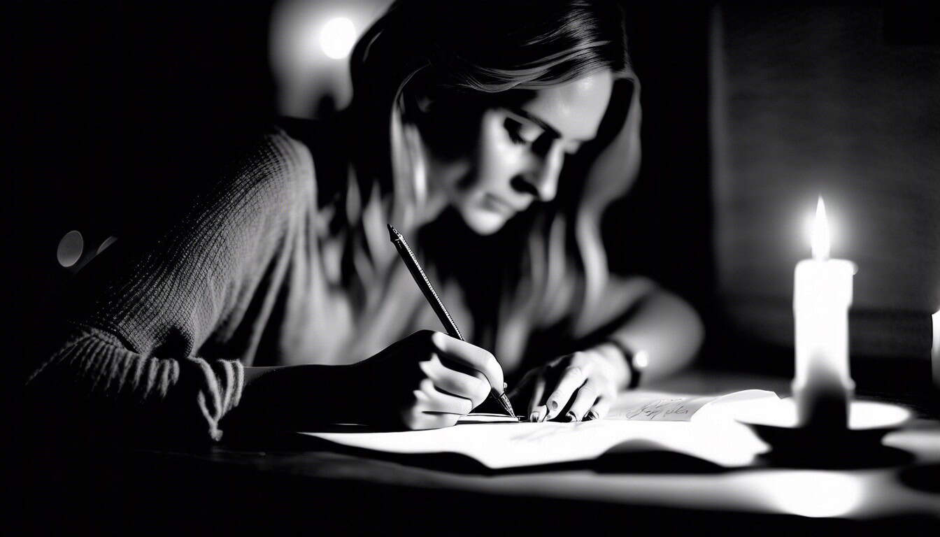 a black and white sketch of a woman writing in a diary by candlelight