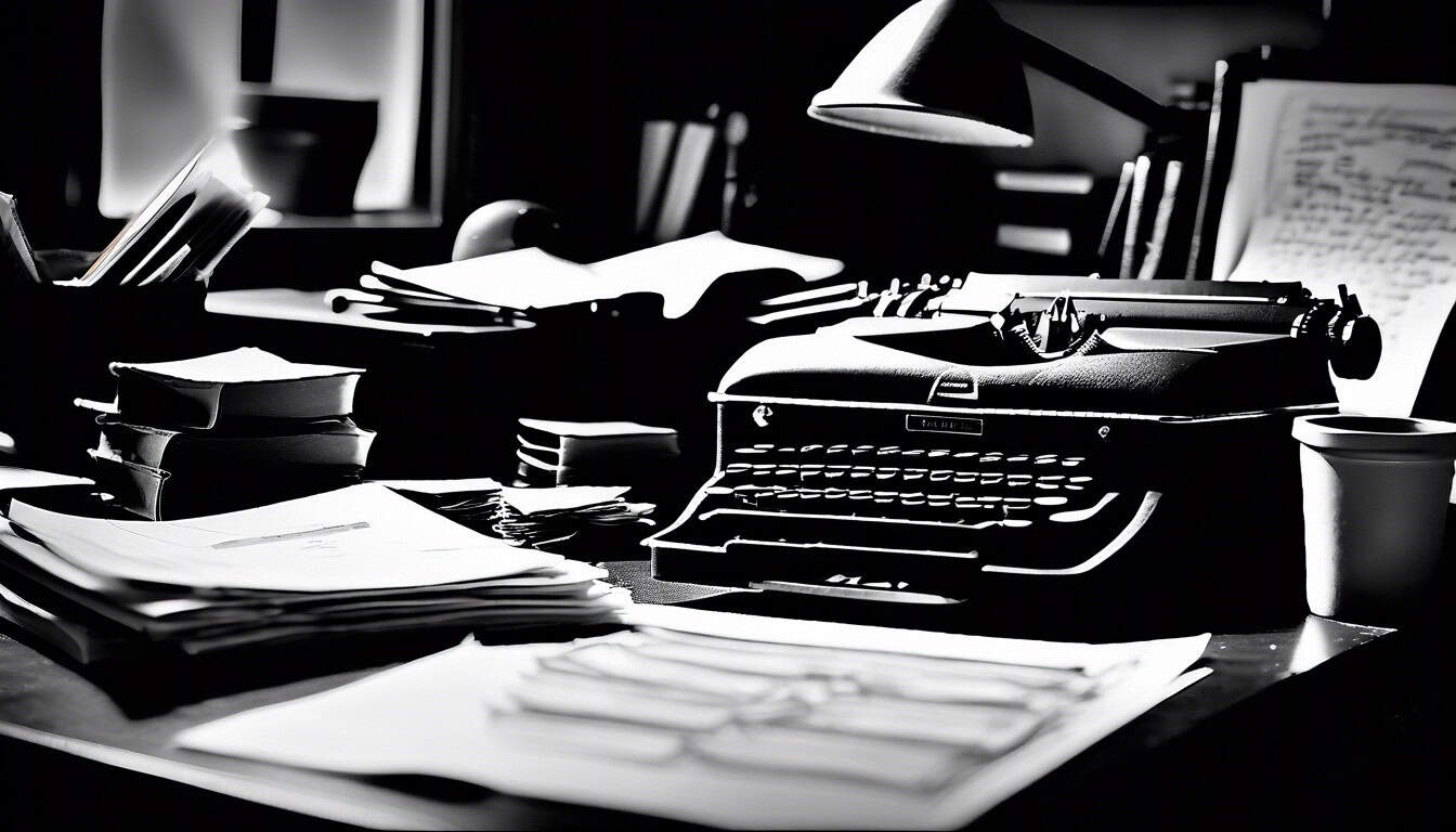 a black and white sketch of an investigator's desk with a typewriter and stacks of files