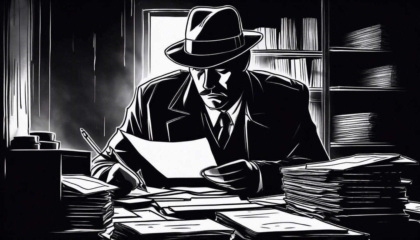 a black and white sketch of a detective in a dark room poring over files