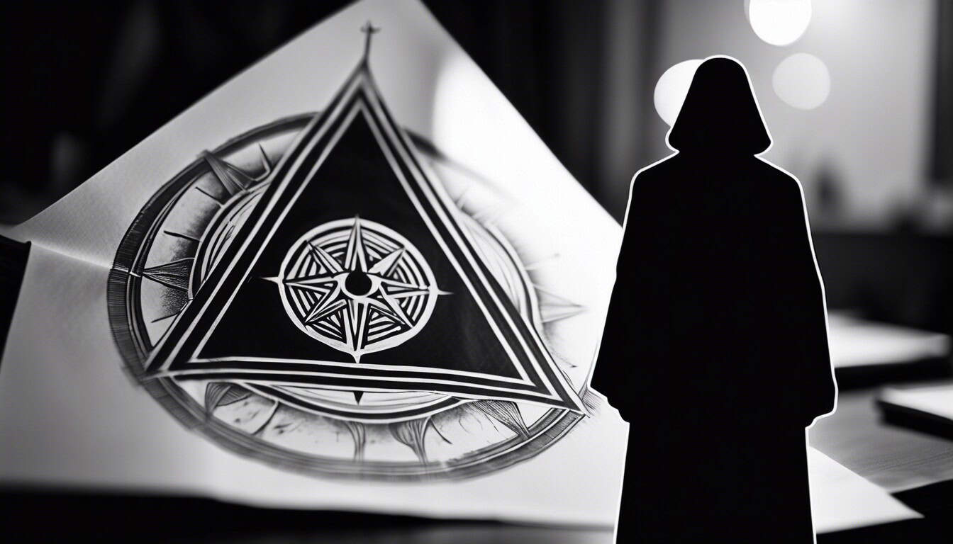 Black and white sketch of a cult symbol with a shadowy figure in the background