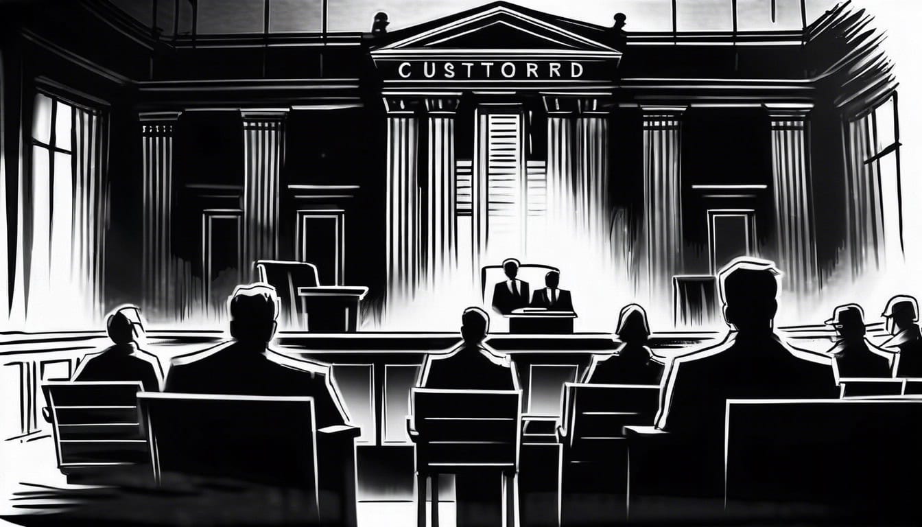 Black and white sketch of a courtroom scene with shadows looming