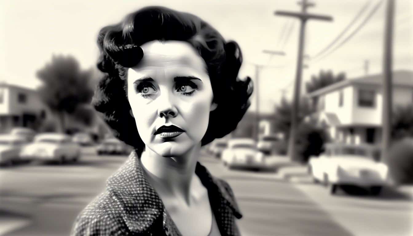 a black and white sketch of Elizabeth Short in Hollywood, appearing wistful