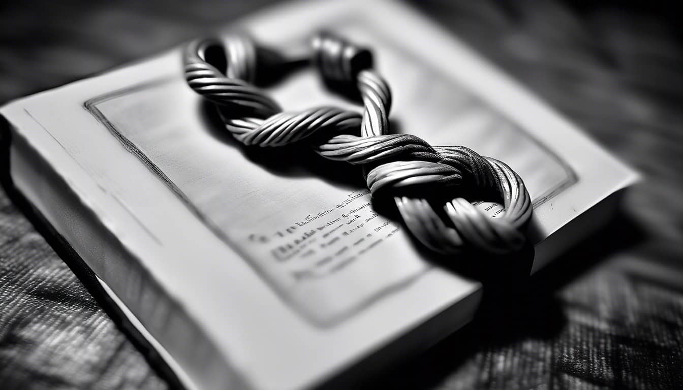 black and white sketch of a book cover with a symbolic knot and ominous imagery