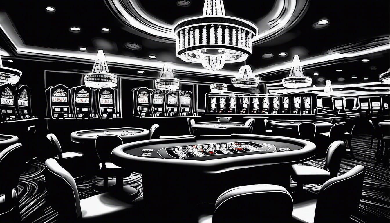 Black and white sketch of a casino during a heist
