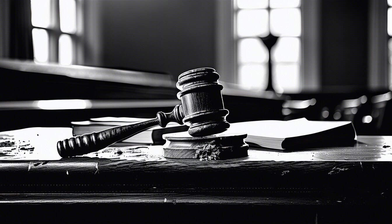 A black and white sketch of a crumbling gavel on a judge's bench