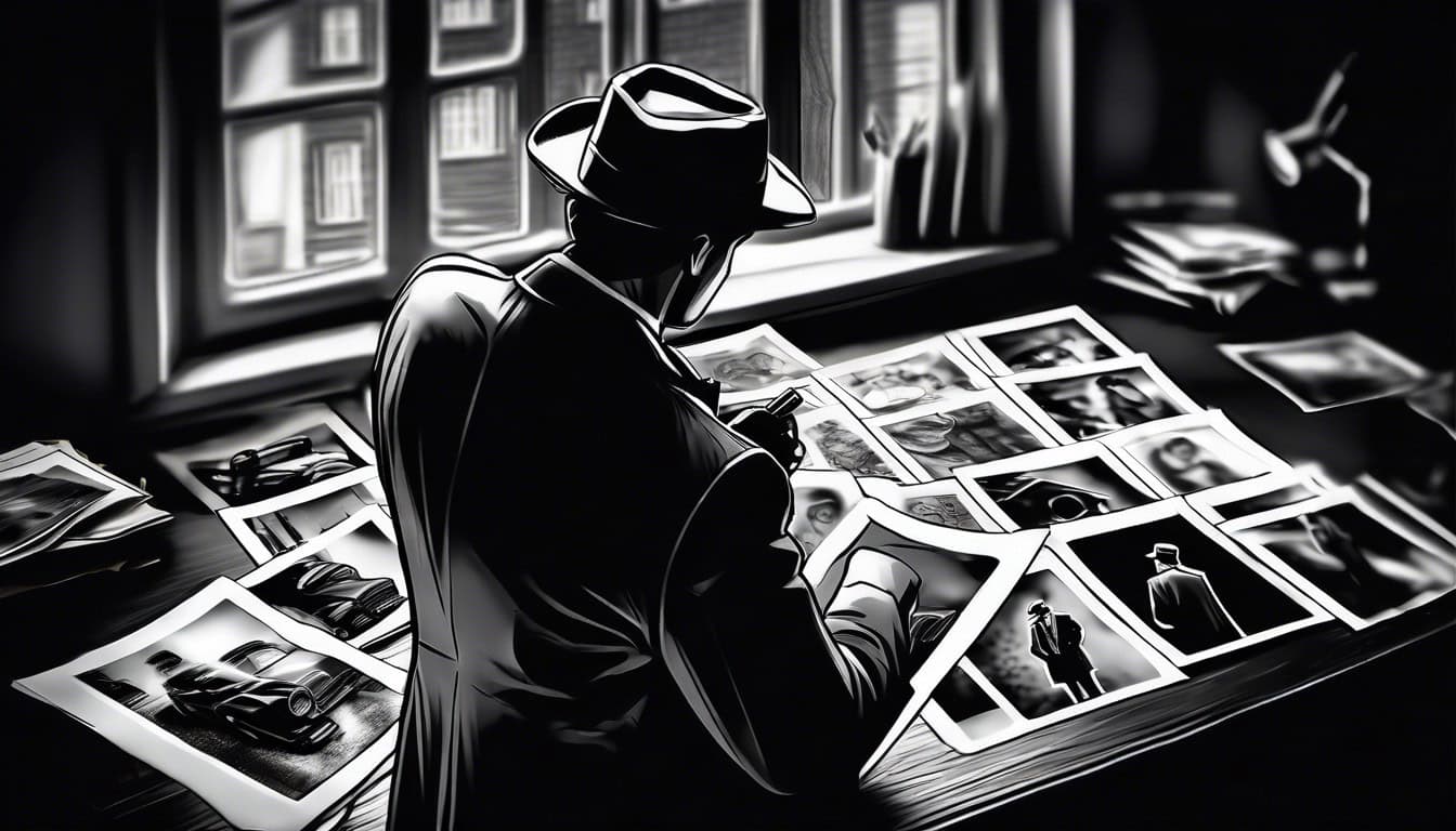 Black and white sketch of a detective looking over photographs
