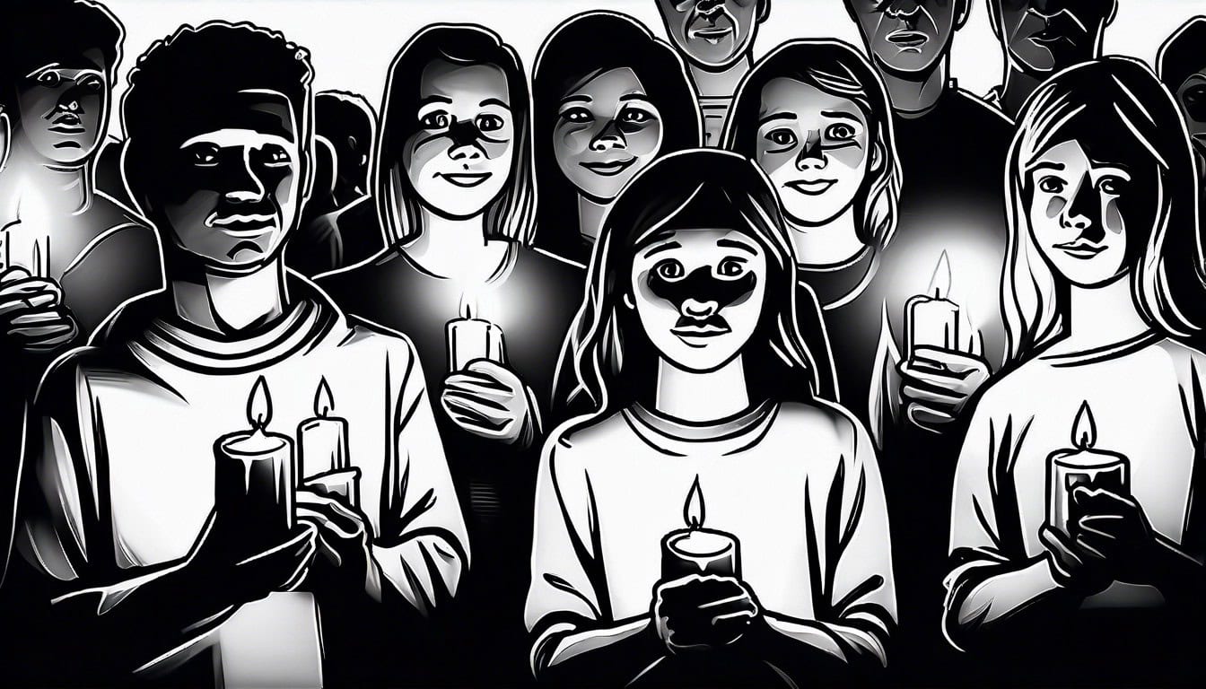 Black and white sketch of a community holding candles for a vigil