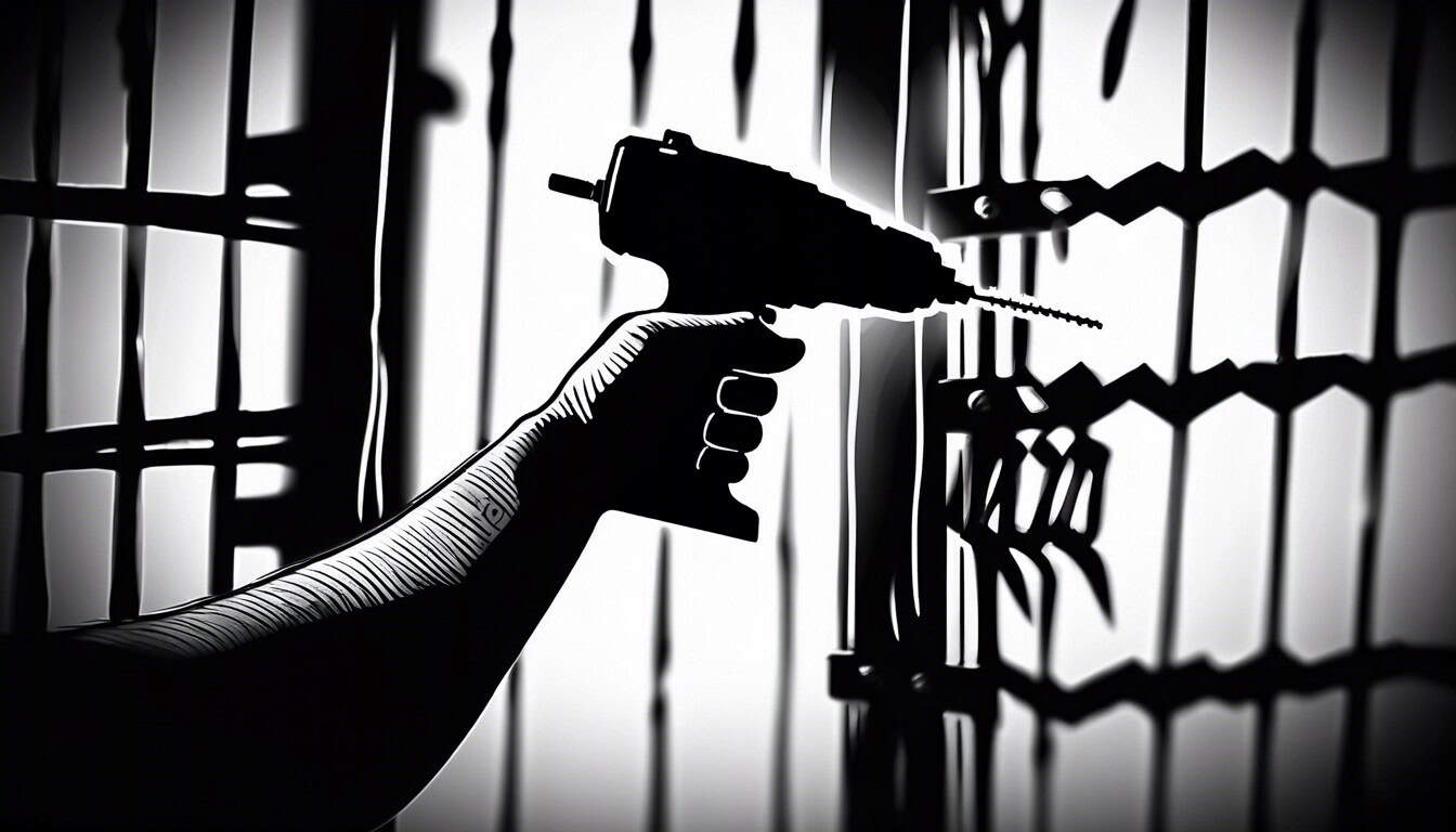 black and white sketch of a hand holding a handmade drill in a prison cell shadow