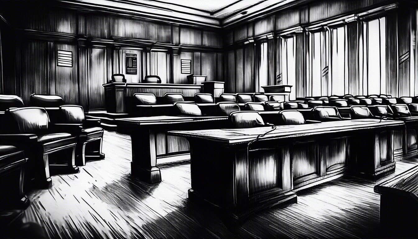 Black and white sketch of a courtroom scene