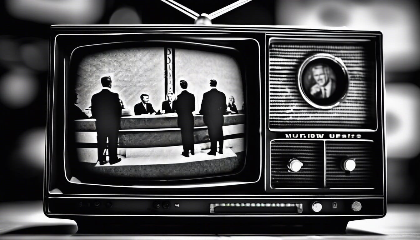 a black and white sketch of a vintage television broadcasting a news headline