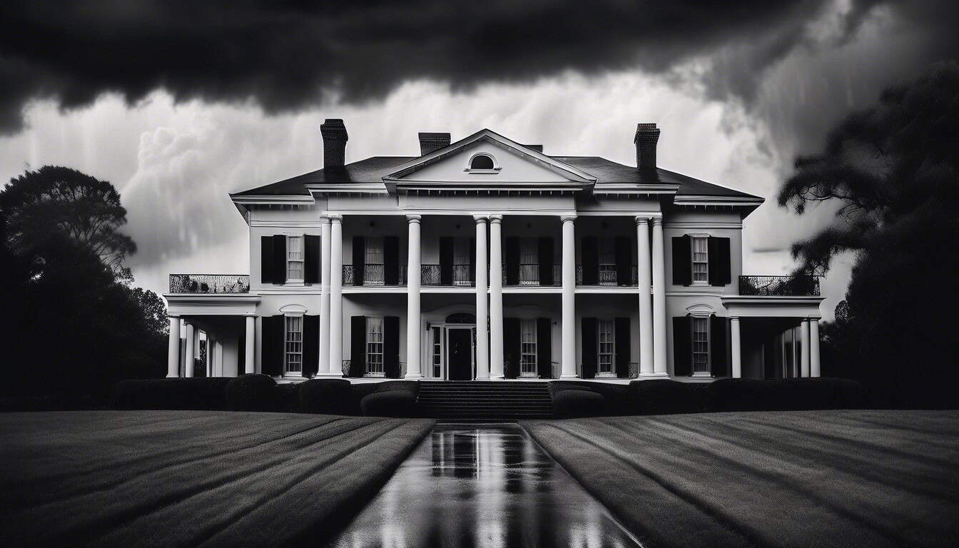 A black and white sketch of a southern mansion under a stormy sky