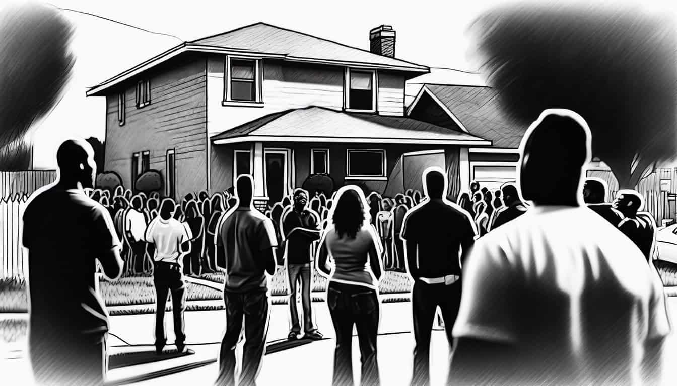 Black and white sketch of neighbors gathered outside Watts home