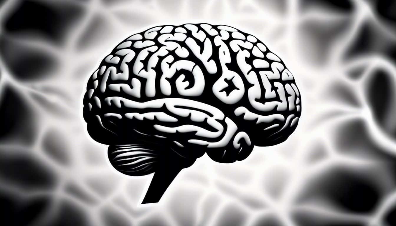 Black and white sketch of a brain with dark, swirling patterns