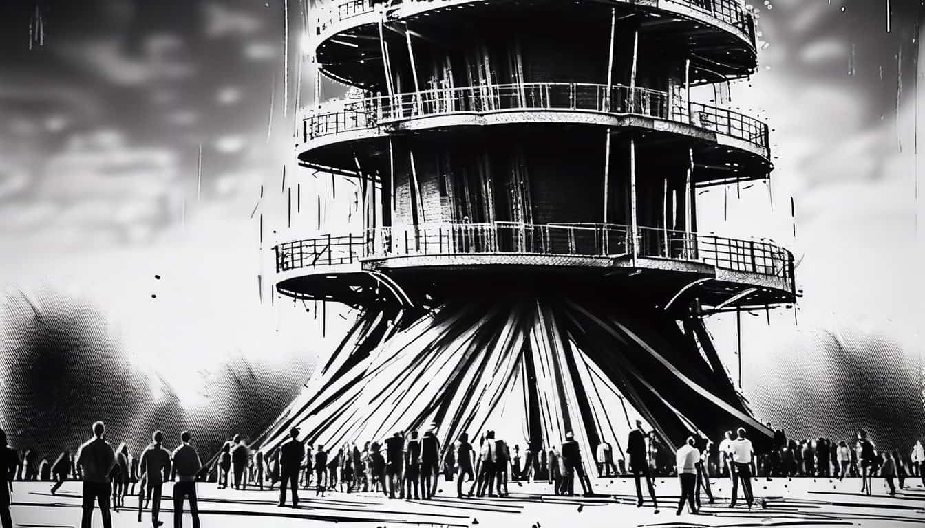 Black and white sketch of a tower mid-collapse with people watching