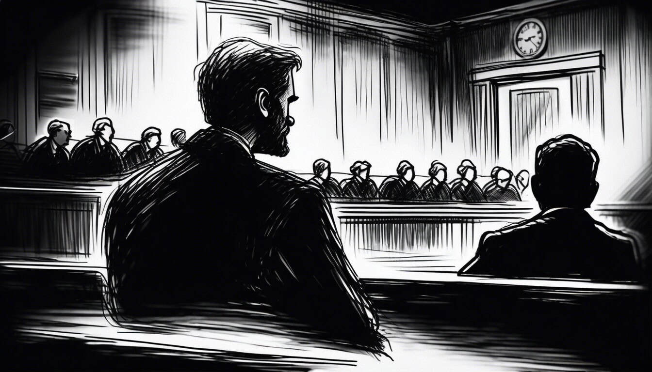 black and white sketch of a shadowy figure whispering to a juror in court