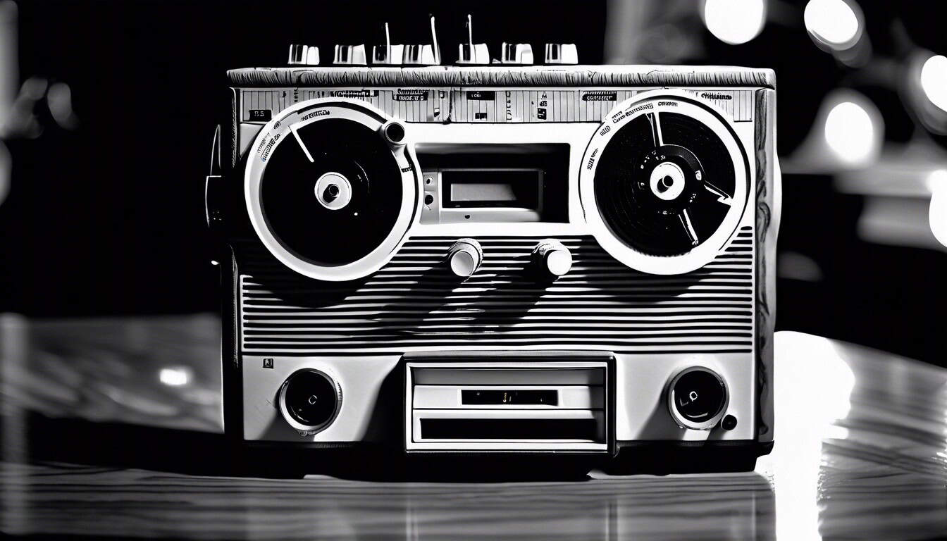 black and white sketch of a tape recorder on a table
