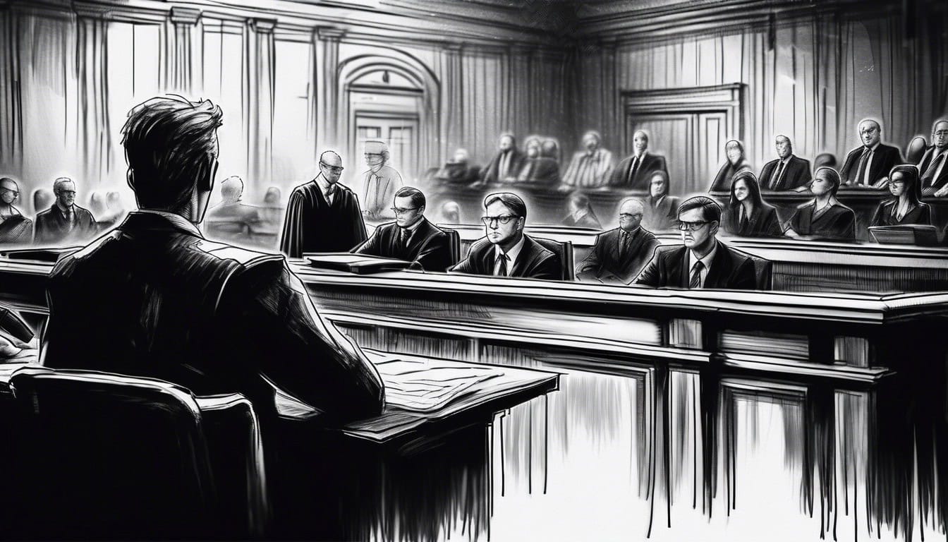 A black and white sketch of a tense courtroom scene with lawyers and a judge.