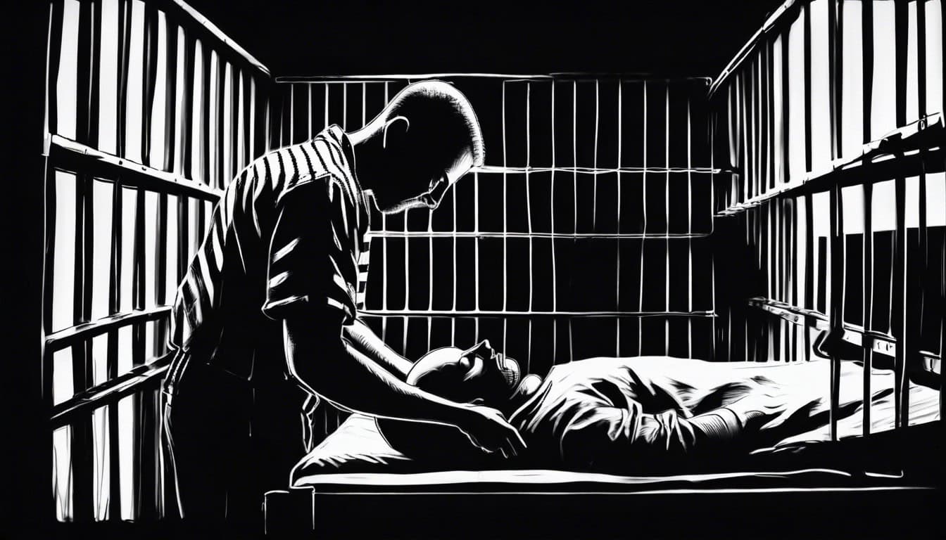 black and white sketch of a prisoner placing a decoy head in a prison bed