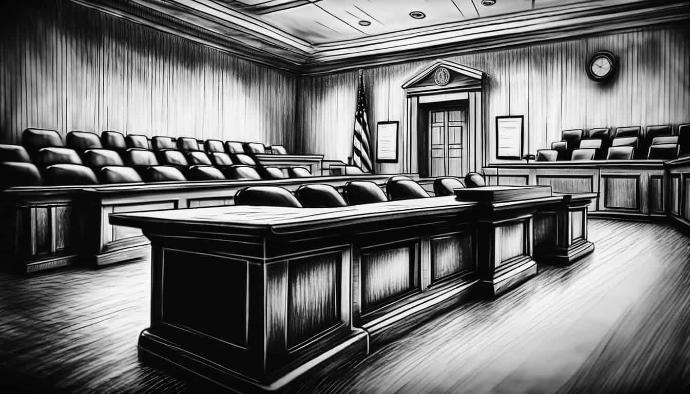 a black and white sketch of a courtroom with a focus on the judge
