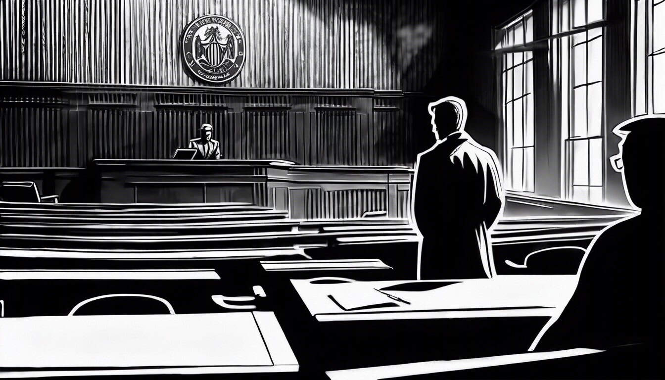 a black and white sketch of a shadowy figure in a courtroom setting