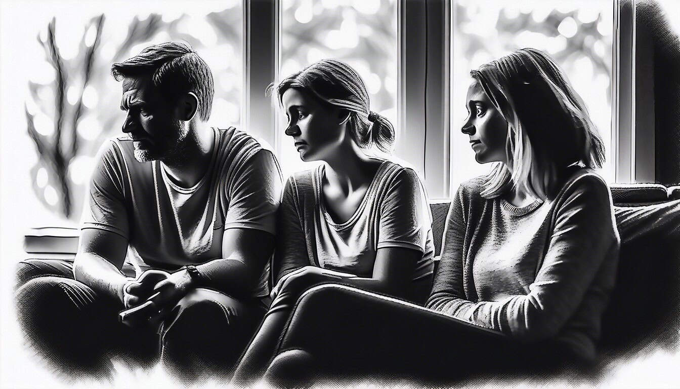 Black and white sketch of a family sitting together, lost in thought