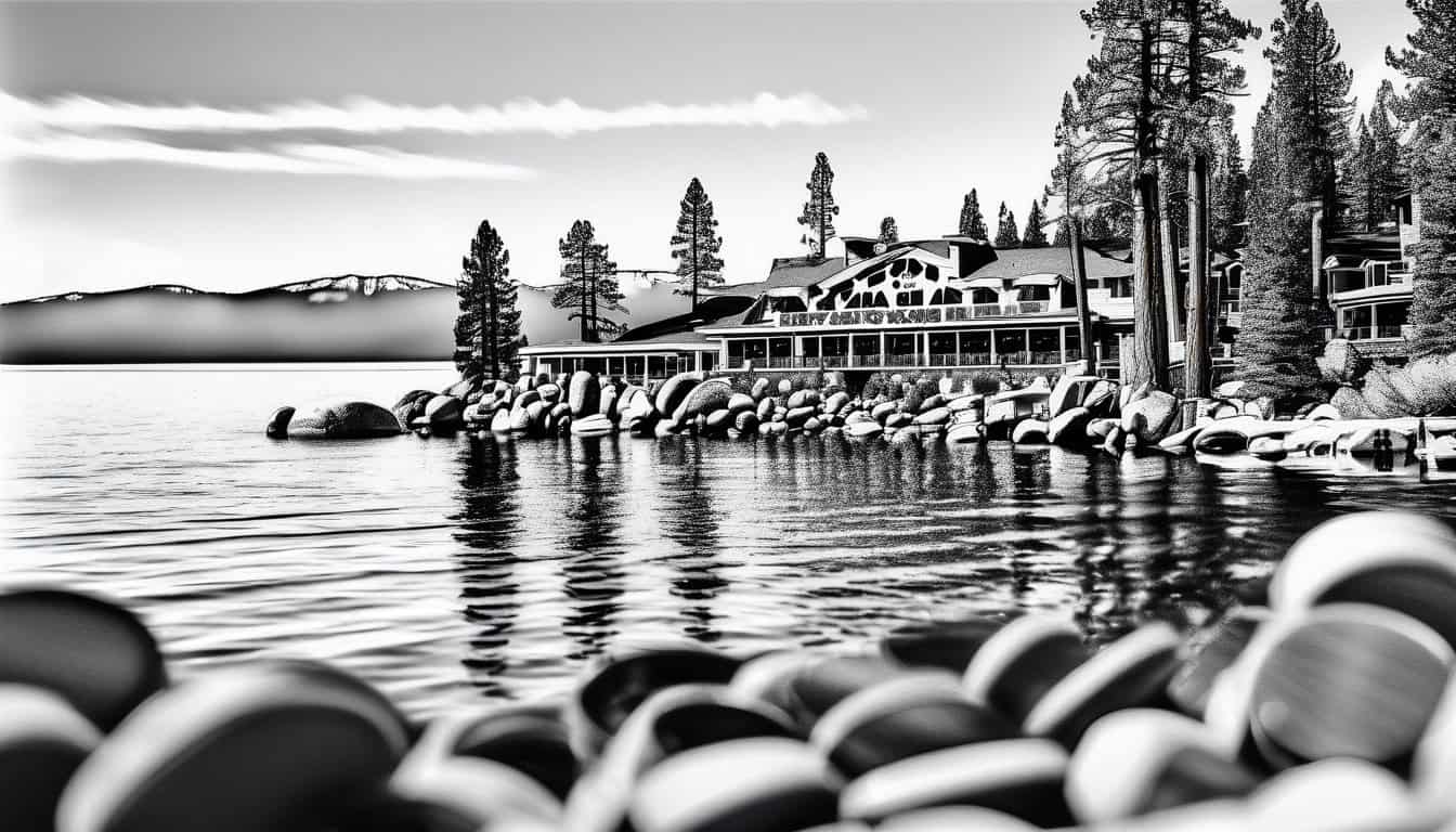 Black and white sketch of Lake Tahoe with Harvey's Casino in the background