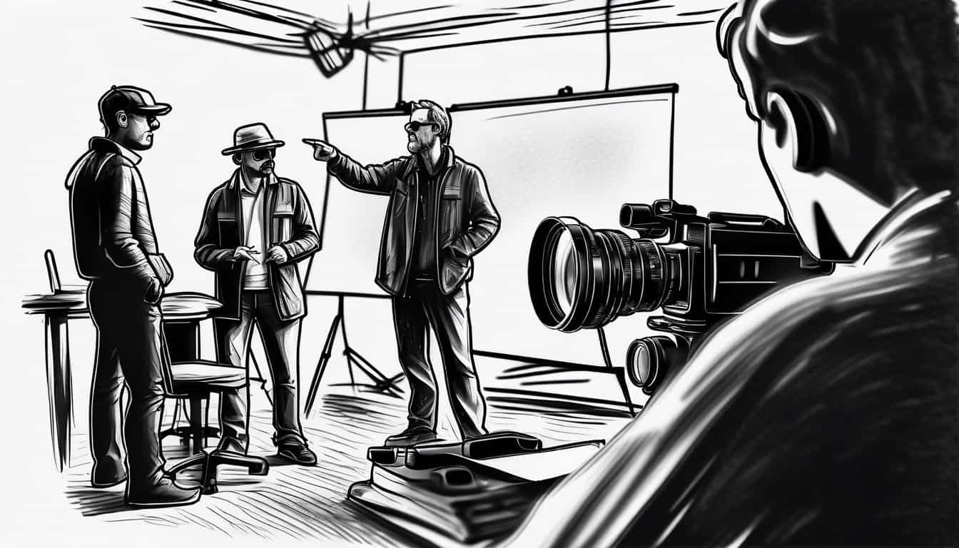 black and white sketch of a film director instructing a crew on a crime documentary set