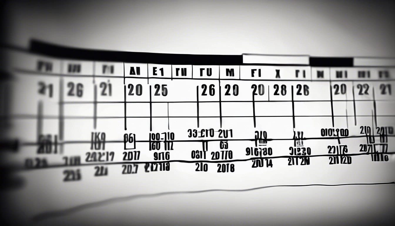 Black and white sketch of a timeline with key dates highlighted