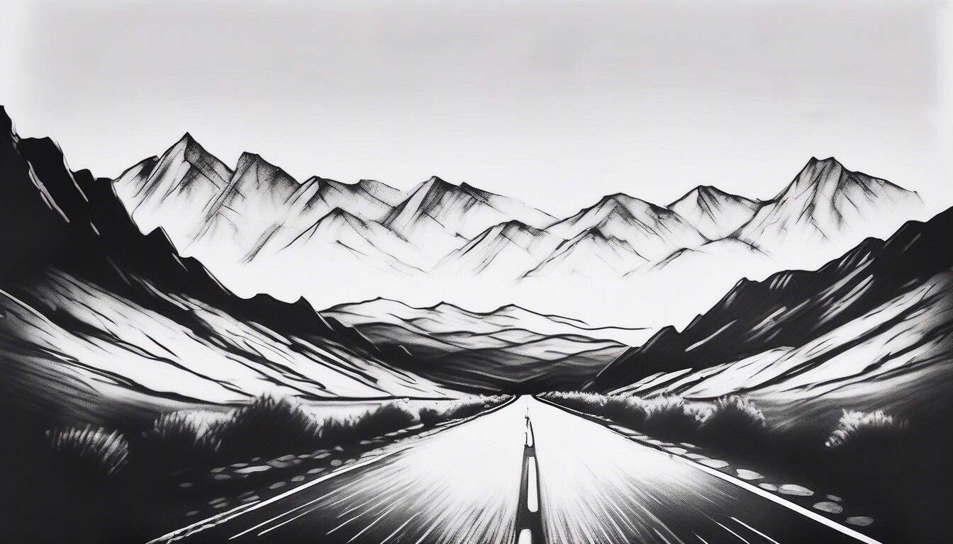 black and white sketch of a deserted road leading into mountains