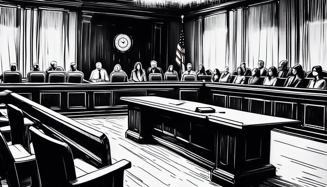 black and white sketch of a courtroom with emotional figures
