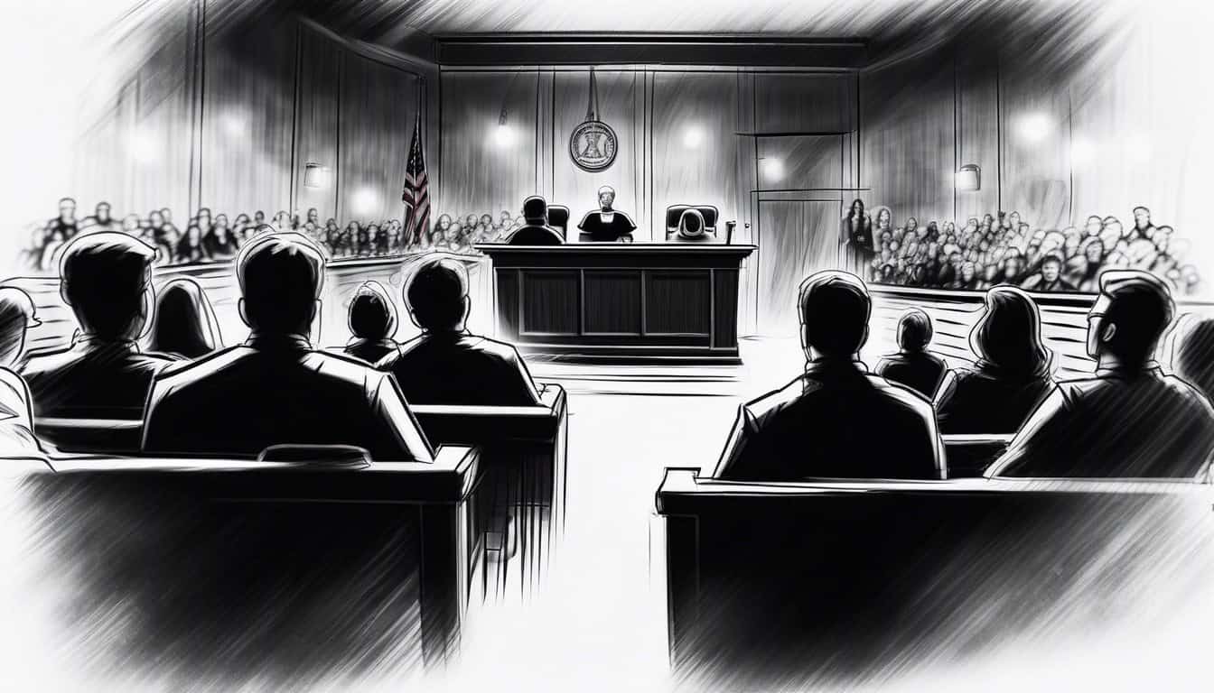 black and white sketch of a courtroom with judge and audience
