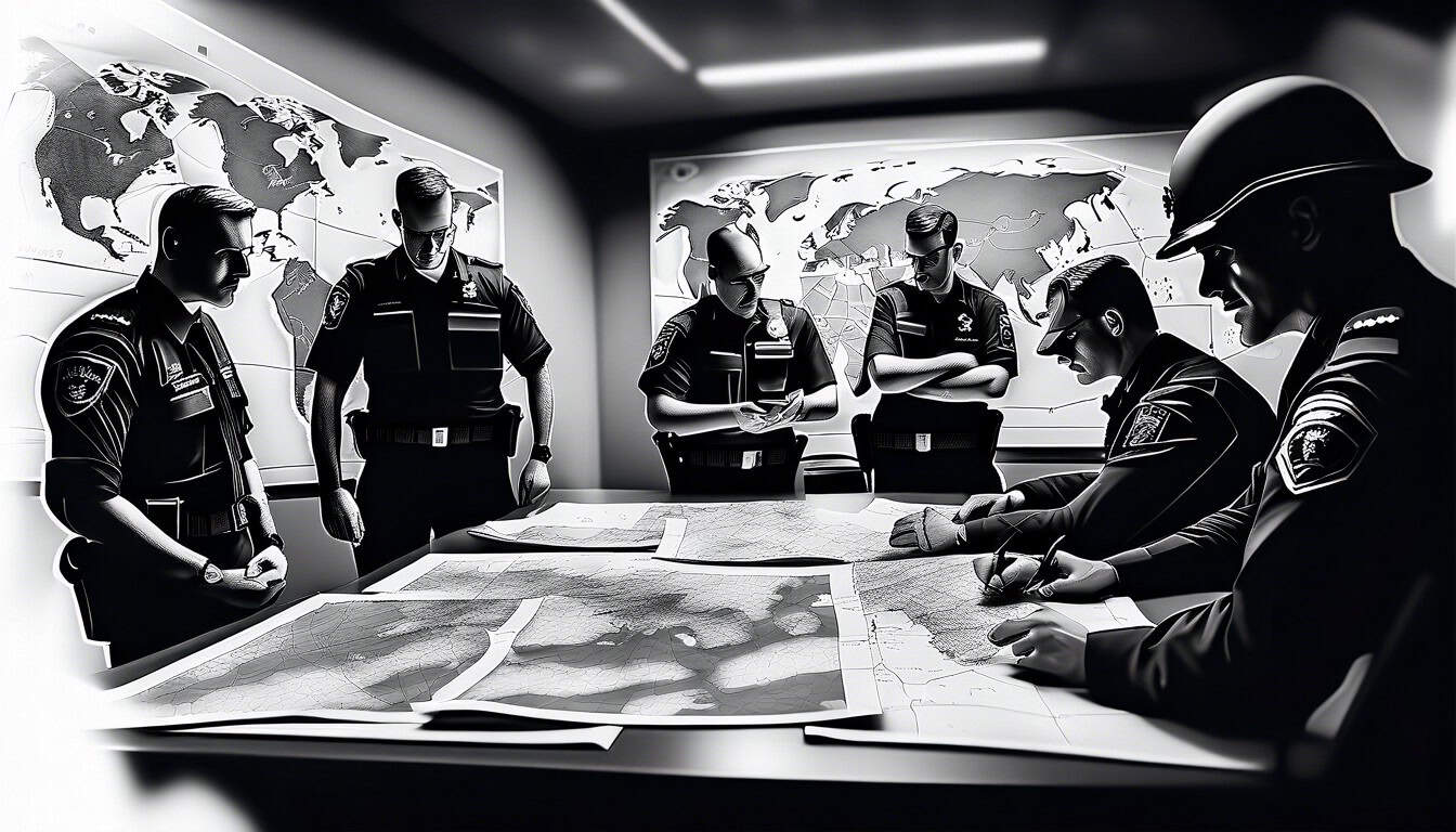 Black and white sketch of officers in a tactical briefing room with maps and photos
