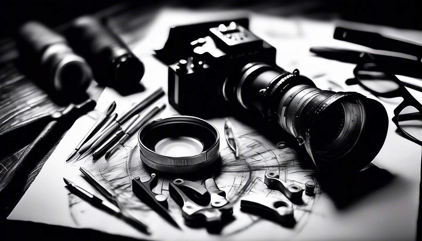 Black and white sketch mixing old detective tools with modern technology