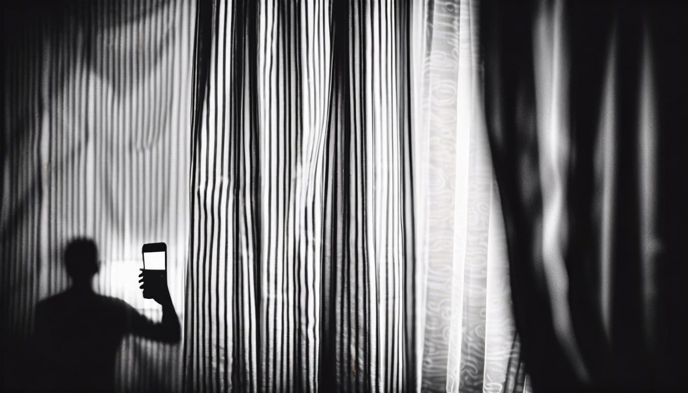 Black and white sketch of a figure lurking behind curtains with a glowing phone