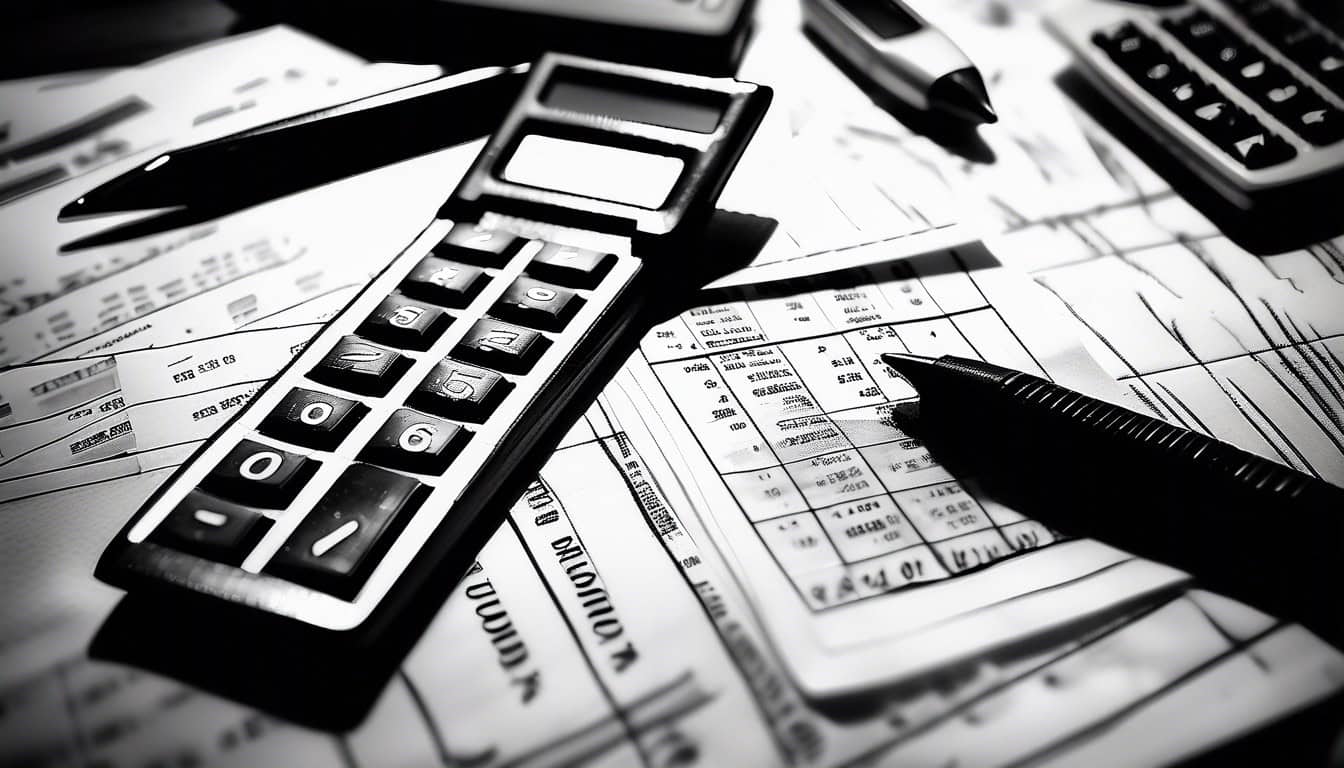 Black and white sketch of financial documents and calculator