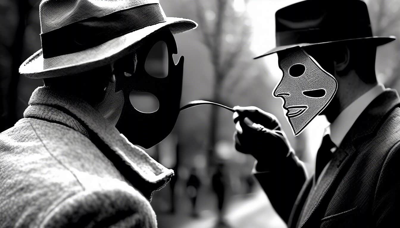 Black and white sketch of a detective pulling a mask off a mysterious figure