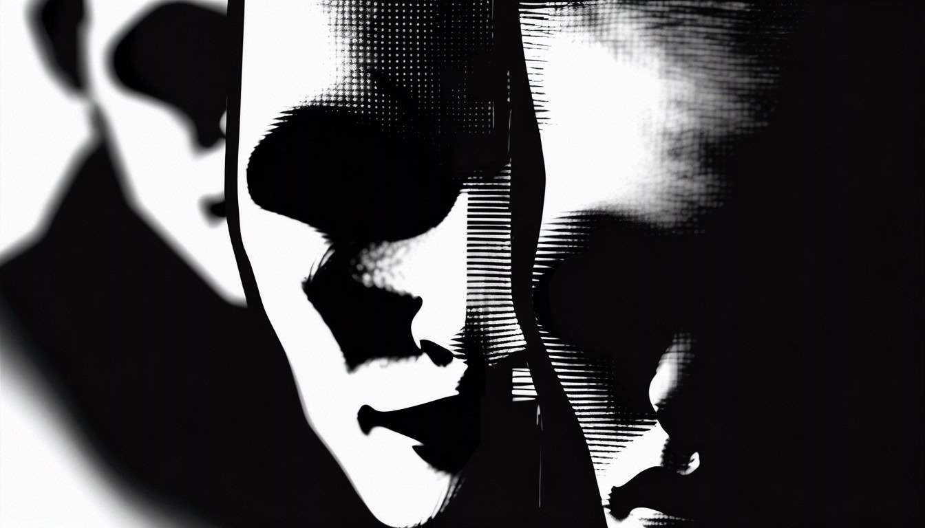black and white sketch of two sinister faces half-hidden in shadows
