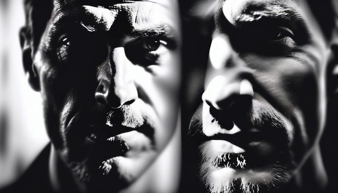A black and white sketch of a man with two faces, one in shadow