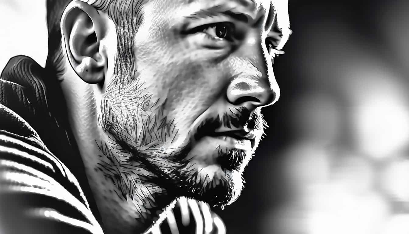 Black and white sketch of Chris Watts' pensive profile